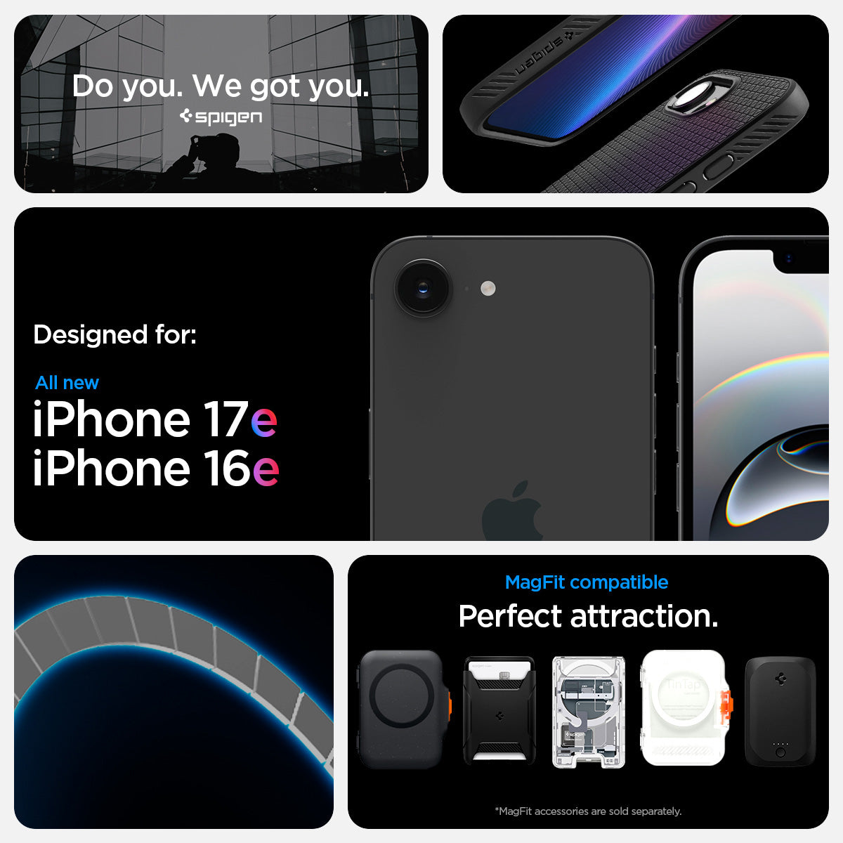 ACS09151 - iPhone 17e Case Liquid Air (MagFit) showing iPhone 17e and iPhone 16e compatibility and compatibility with Mag Fit. with Mag fit accessories showcases of Mag Fit wallets and chargers but Mag fit accessories are sold separately.