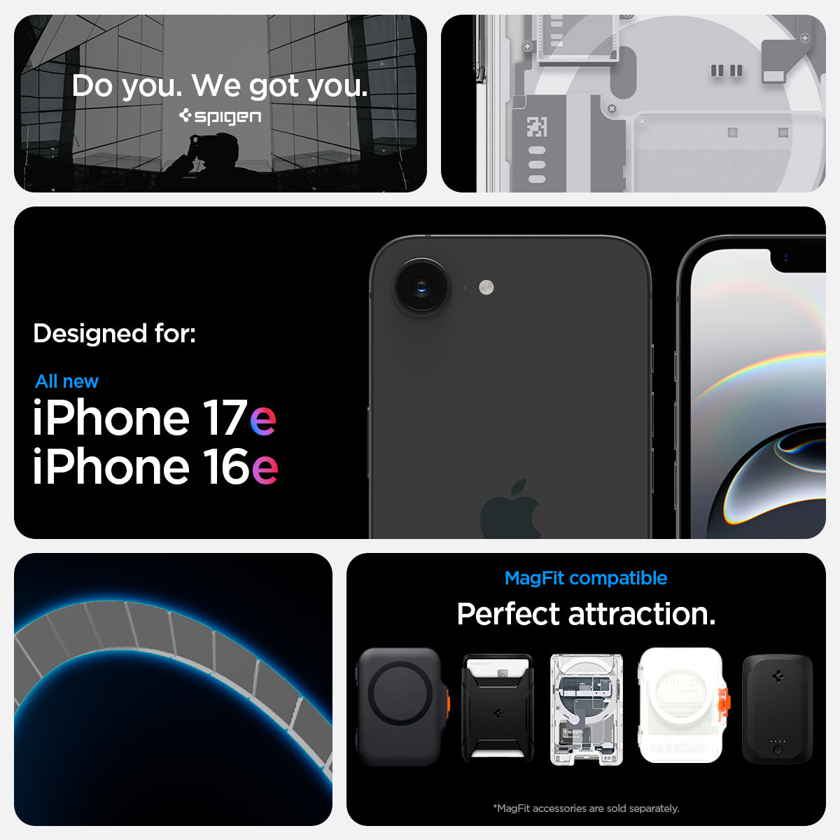 ACS09142 - iPhone 17e Case Ultra Hybrid Zero One (MagFit) showing iPhone 17e and iPhone 16e compatibility and compatibility with Mag Fit. Showcases Air Cushion technology along with Mag fit accessories showcases of Mag Fit wallets and chargers but Mag fit