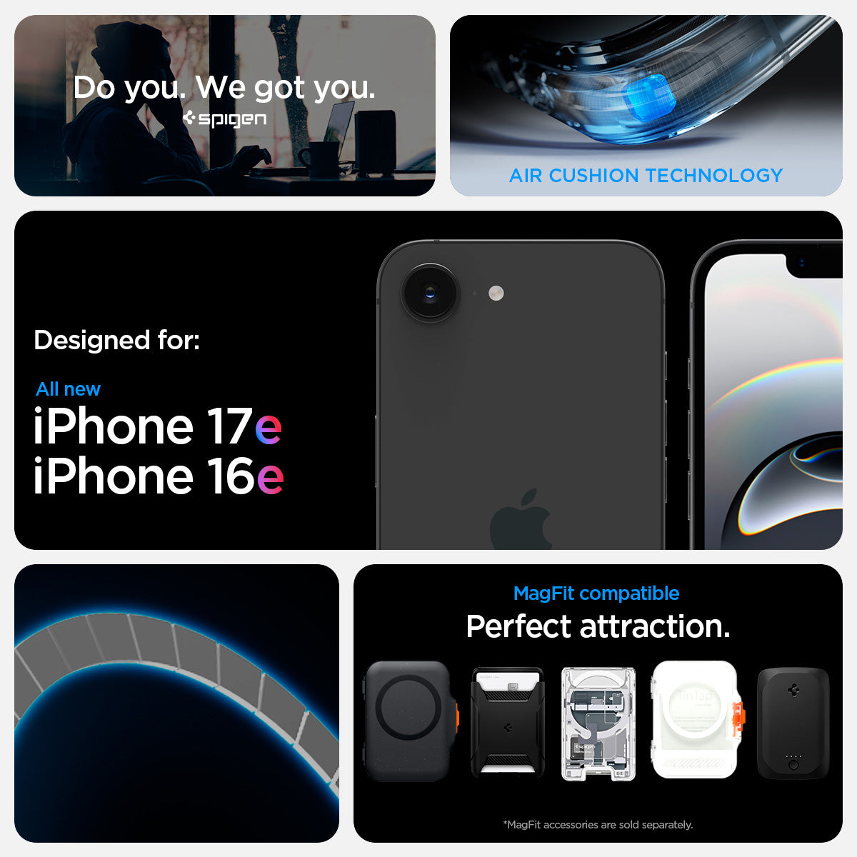 ACS09148 - iPhone 17e Case Ultra Hybrid S (MagFit) showing iPhone 17e and iPhone 16e compatibility and compatibility with Mag Fit. Showcases Air Cushion technology along with Mag fit accessories showcases of Mag Fit wallets and chargers but Mag fit access