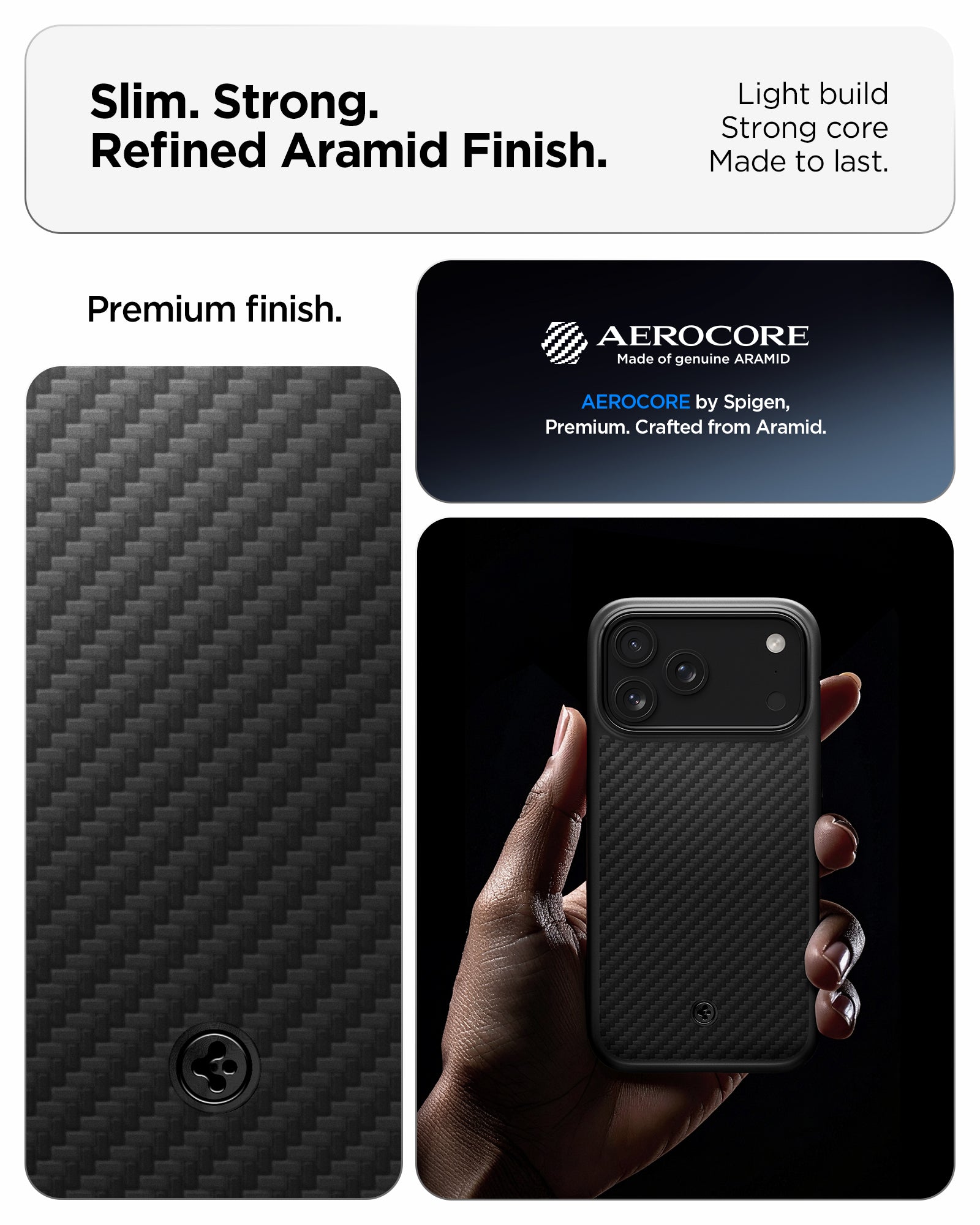 ACS09959 - iPhone 17 Pro Case Enzo Aramid T in black showing the slim, strong and refined aramid finish. Light build, strong core and made to last.