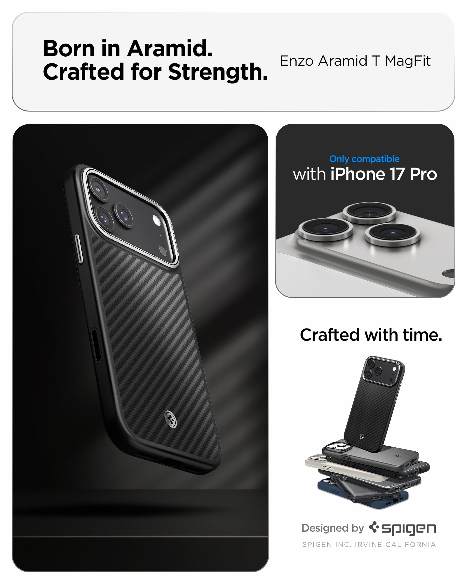 ACS09958 - iPhone 17 Pro Case Enzo Aramid T in black showing the born in aramid, crafted for strength. Only compatible with iphone 17 pro