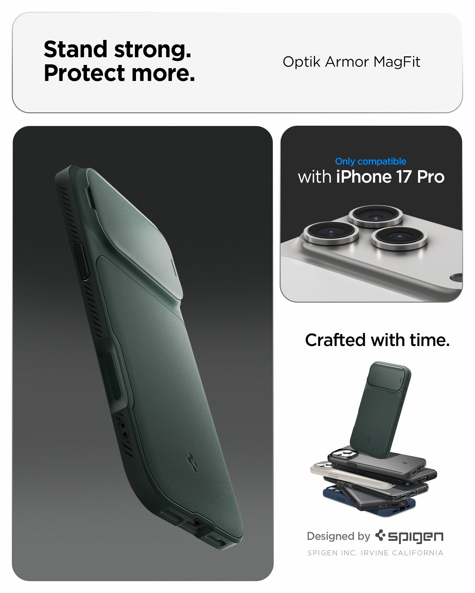 ACS09954 - iPhone 17 Pro Series Case Optik Armor (MagFit) in abyss green showing the stand strong and protect more with the case. Only compatible with iPhone 17 pro