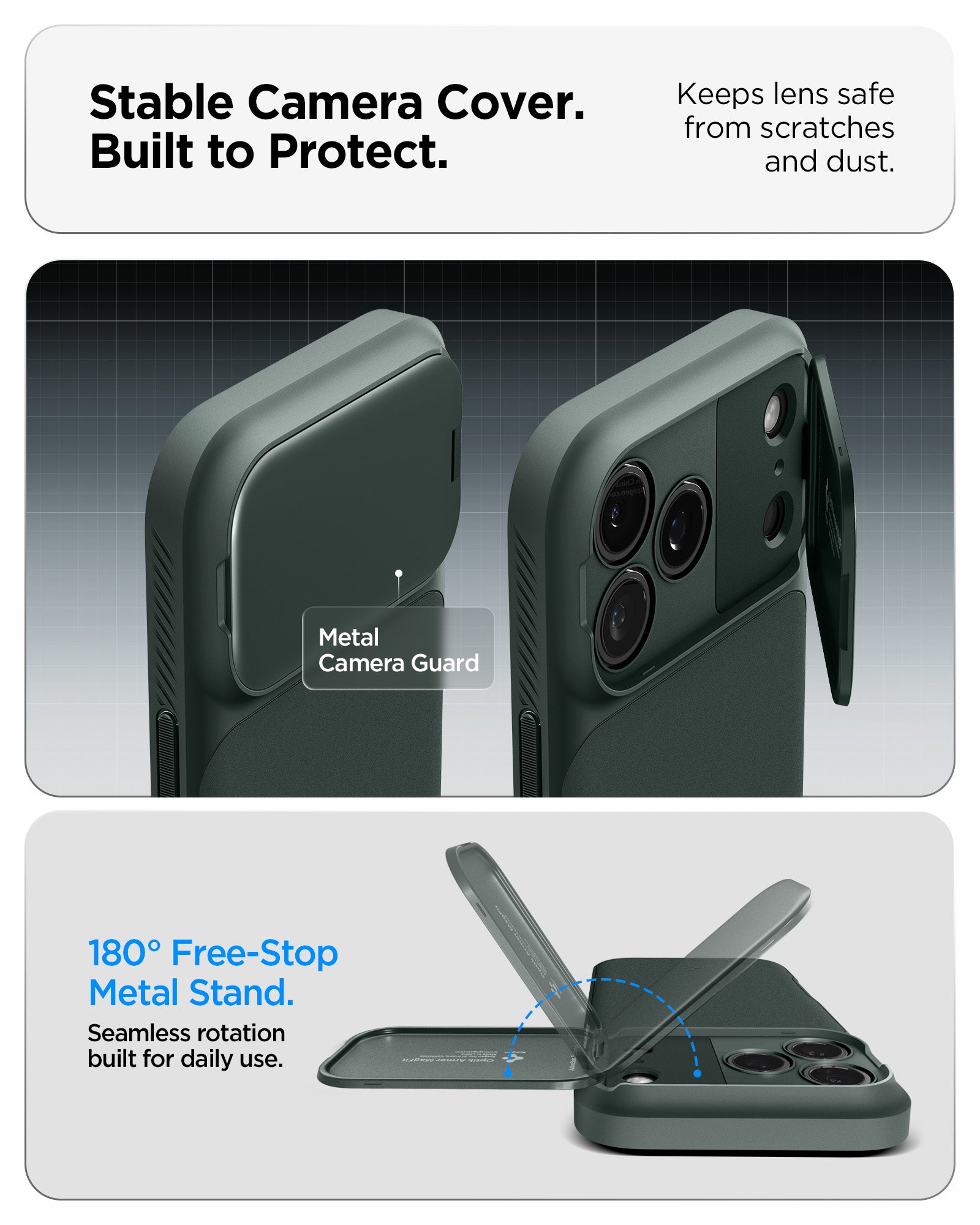 ACS09954 - iPhone 17 Pro Series Case Optik Armor (MagFit) in abyss green showing the stable camera cover that is built to protect. Keep lens safe from scratches and dust