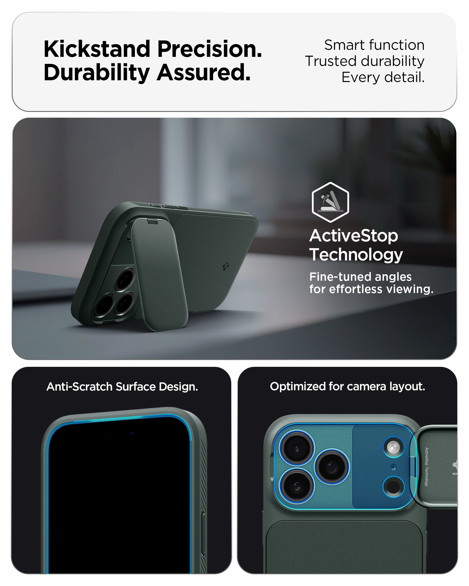 ACS09954 - iPhone 17 Pro Series Case Optik Armor (MagFit) in abyss green showing the kickstand precision. Durability assured. Smart function, trusted durability and every detail.