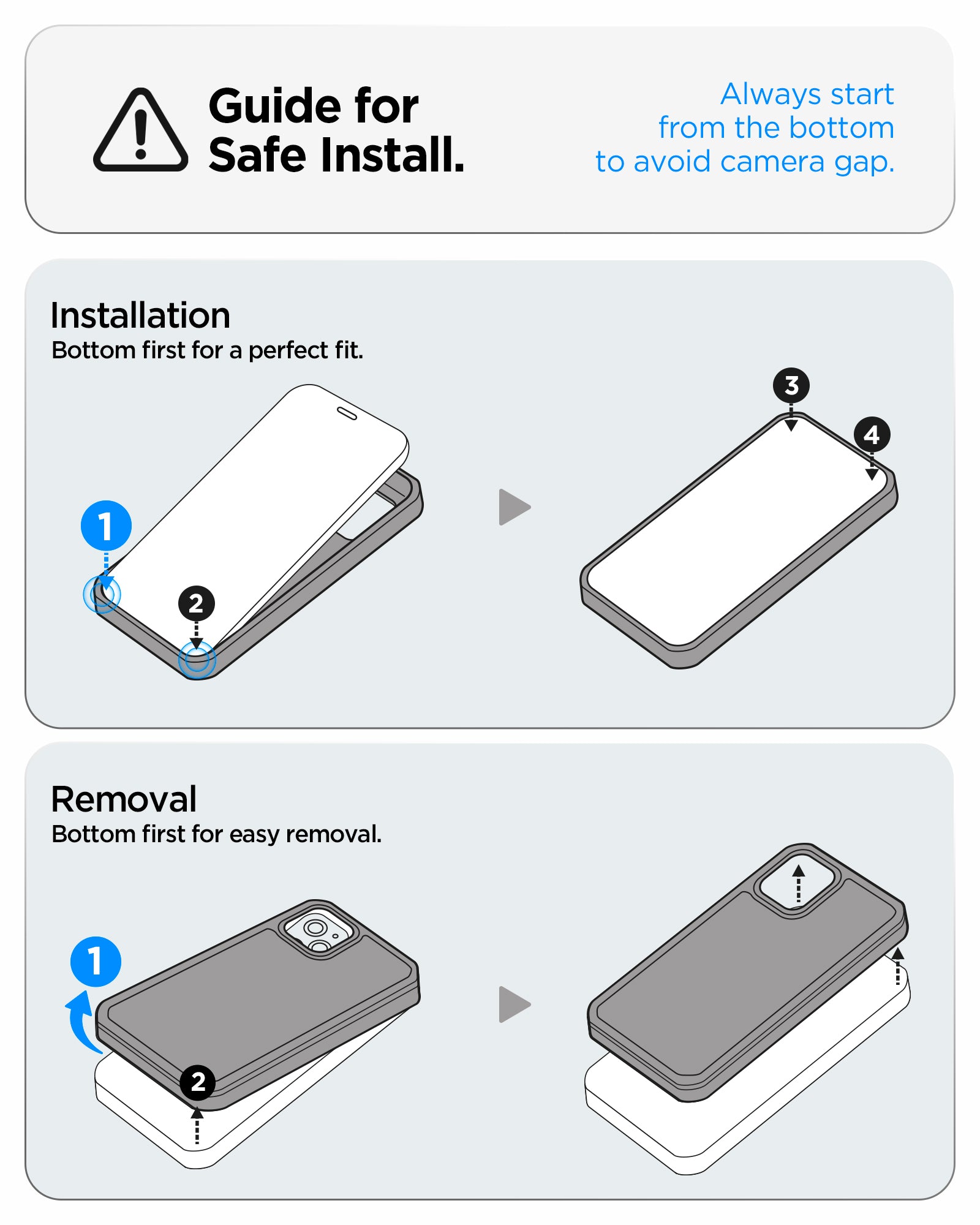 ACS09953 - iPhone 17 Pro Series Case Optik Armor (MagFit) in black showing the guide for safe installation. Always start from the bottom to avoid camera gap