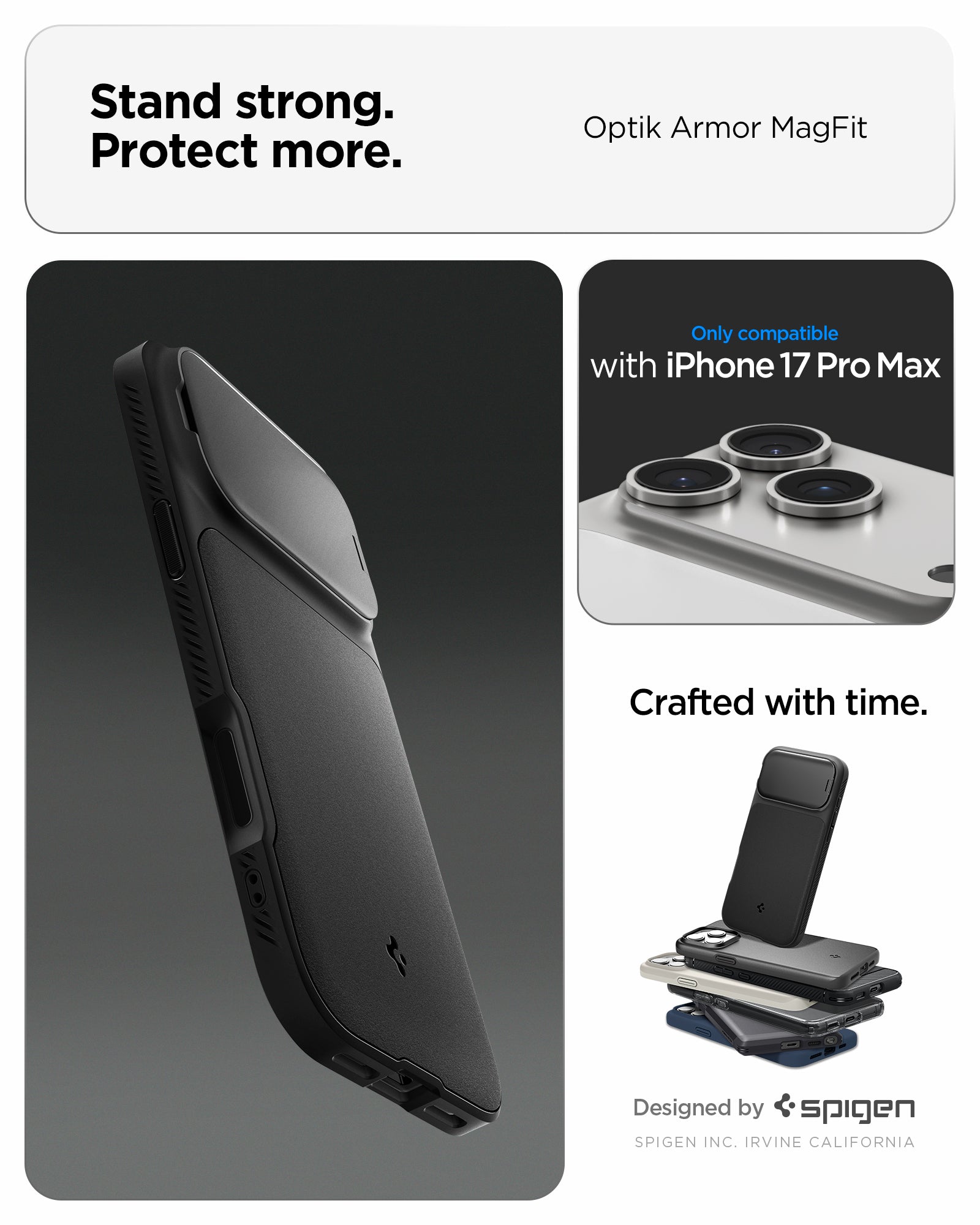 ACS09900 - iPhone 17 Pro Max Series Case Optik Armor (MagFit) in black showing the stand strong and protect more with the case. Only compatible with iPhone 17 pro max