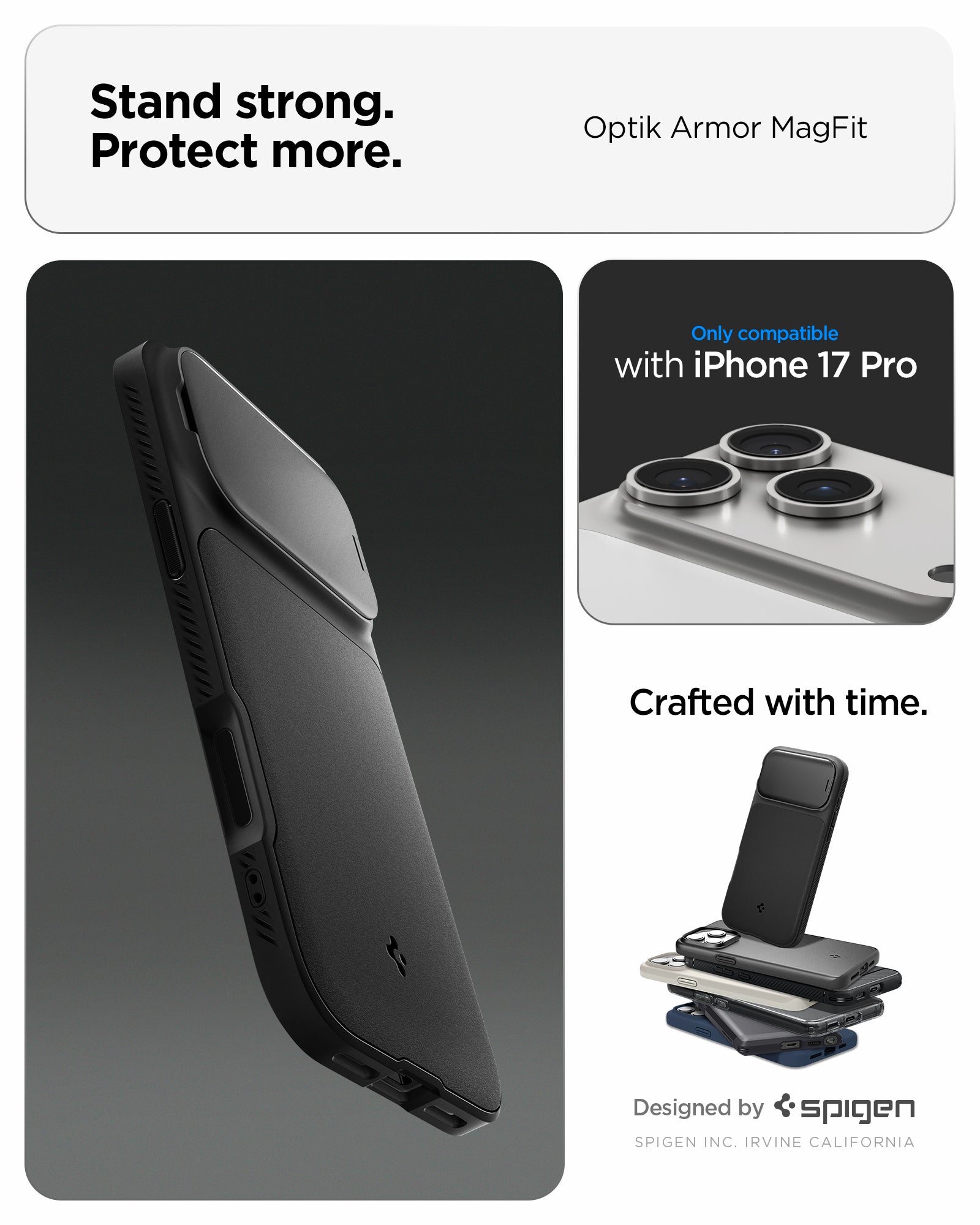 ACS09953 - iPhone 17 Pro Series Case Optik Armor (MagFit) in black showing the stand strong and protect more with the case. Only compatible with iPhone 17 pro