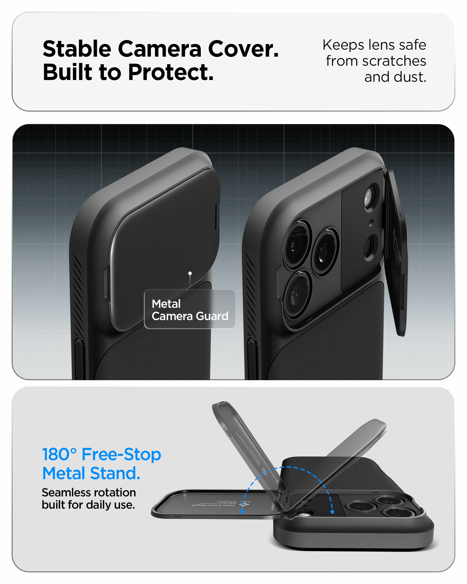 ACS09953 - iPhone 17 Pro Series Case Optik Armor (MagFit) in black showing the stable camera cover that is built to protect. Keep lens safe from scratches and dust