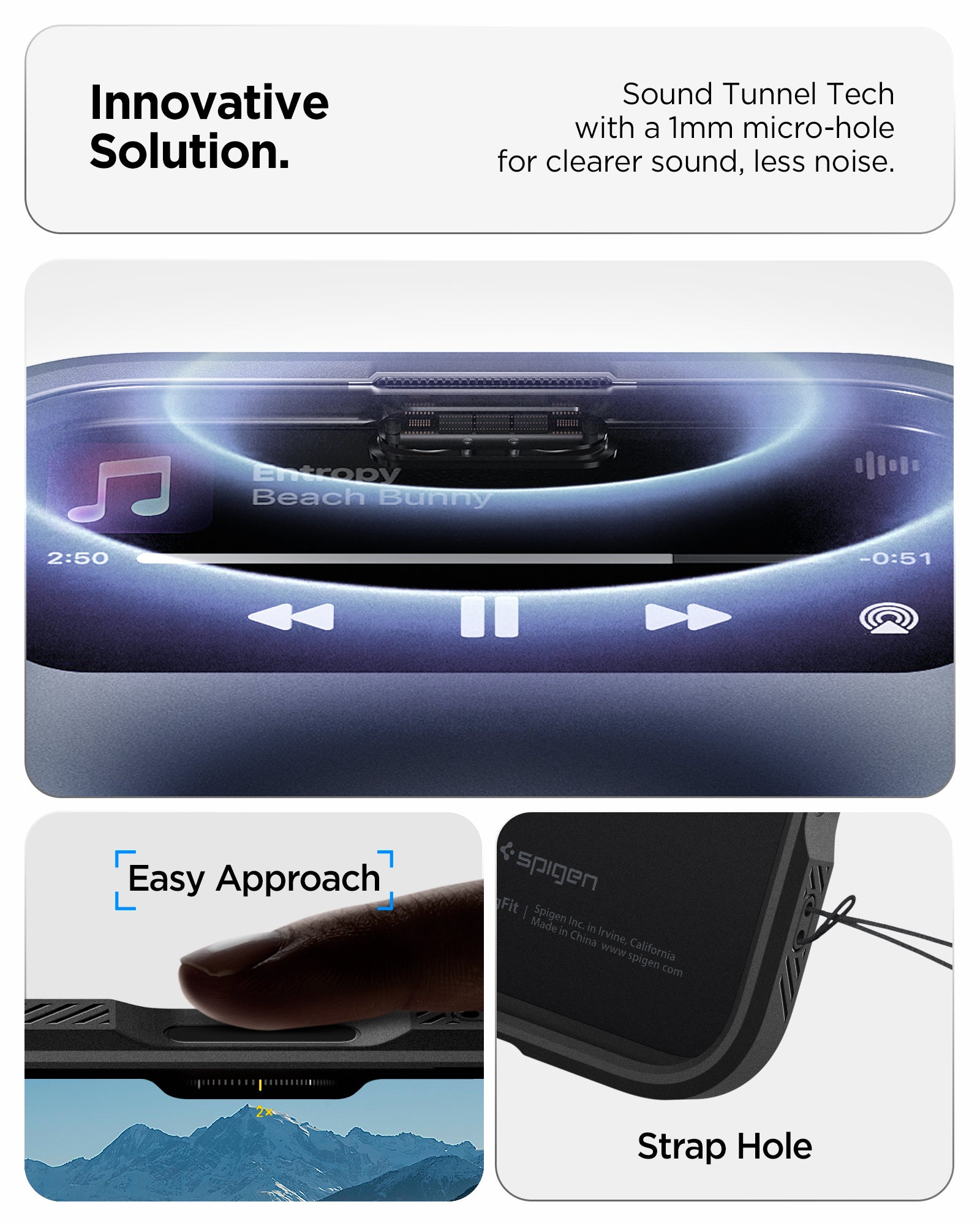 ACS09900 - iPhone 17 Pro Max Series Case Optik Armor (MagFit) in black showing the innovative solution. Sound tunnel tech with 1mm micro-hole for clearer sound and less noise