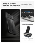ACS09906 - iPhone 17 Pro Max Case Enzo Aramid T in black showing the born in aramid, crafted for strength. Only compatible with iphone 17 pro max