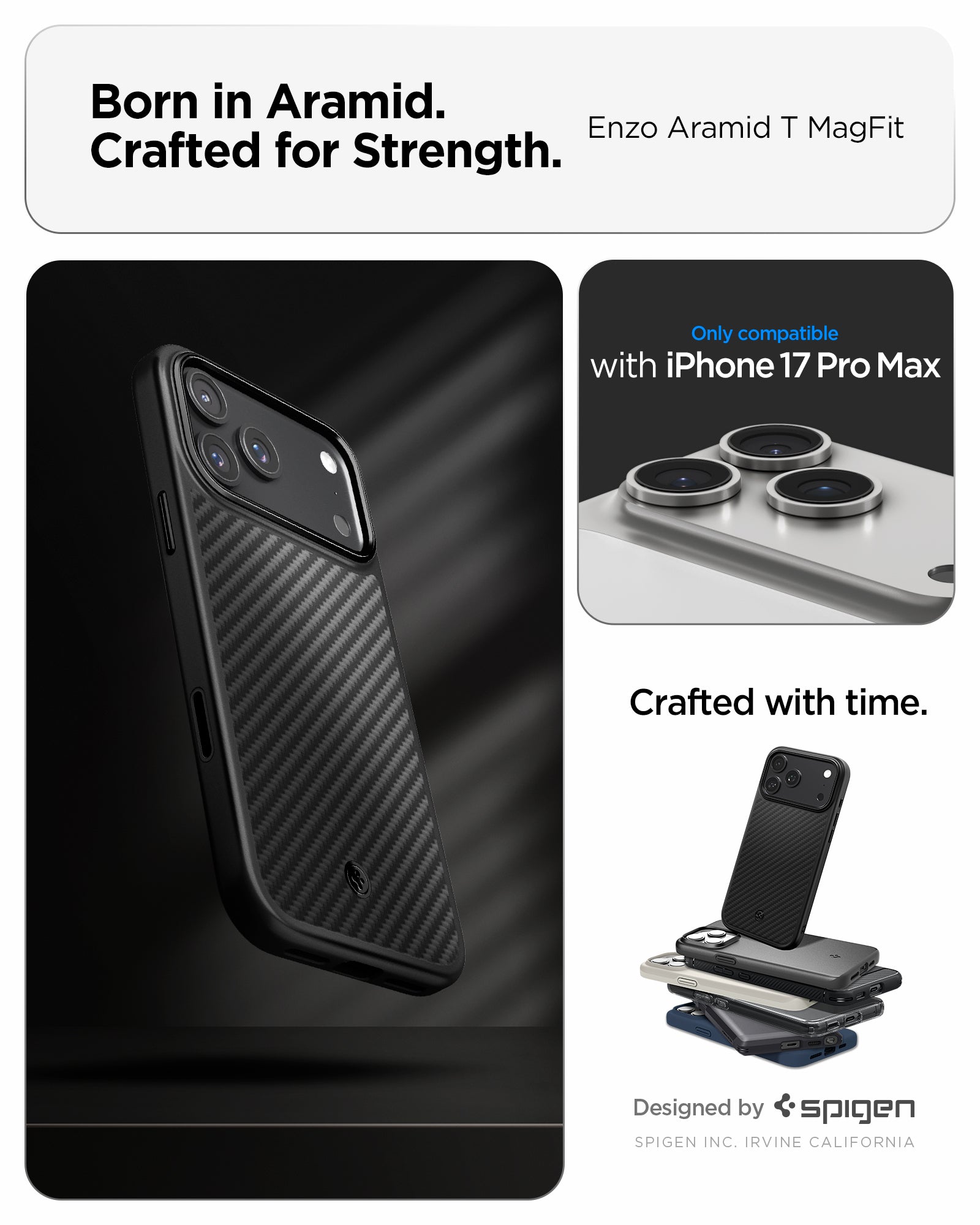 ACS09906 - iPhone 17 Pro Max Case Enzo Aramid T in black showing the born in aramid, crafted for strength. Only compatible with iphone 17 pro max