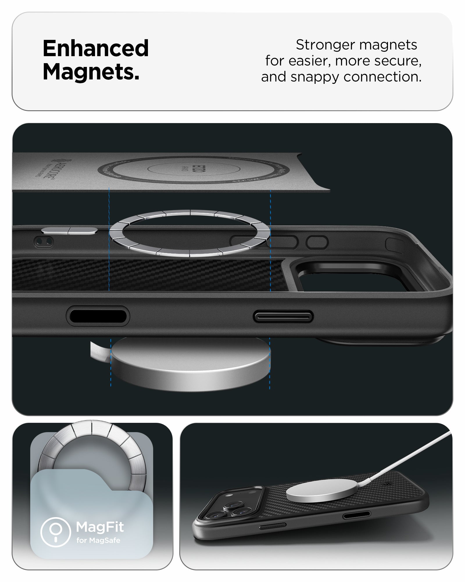 ACS09906 - iPhone 17 Pro Max Case Enzo Aramid T in black showing the enhanced magnets. Stronger magnets for easier, more secure and snappy connection