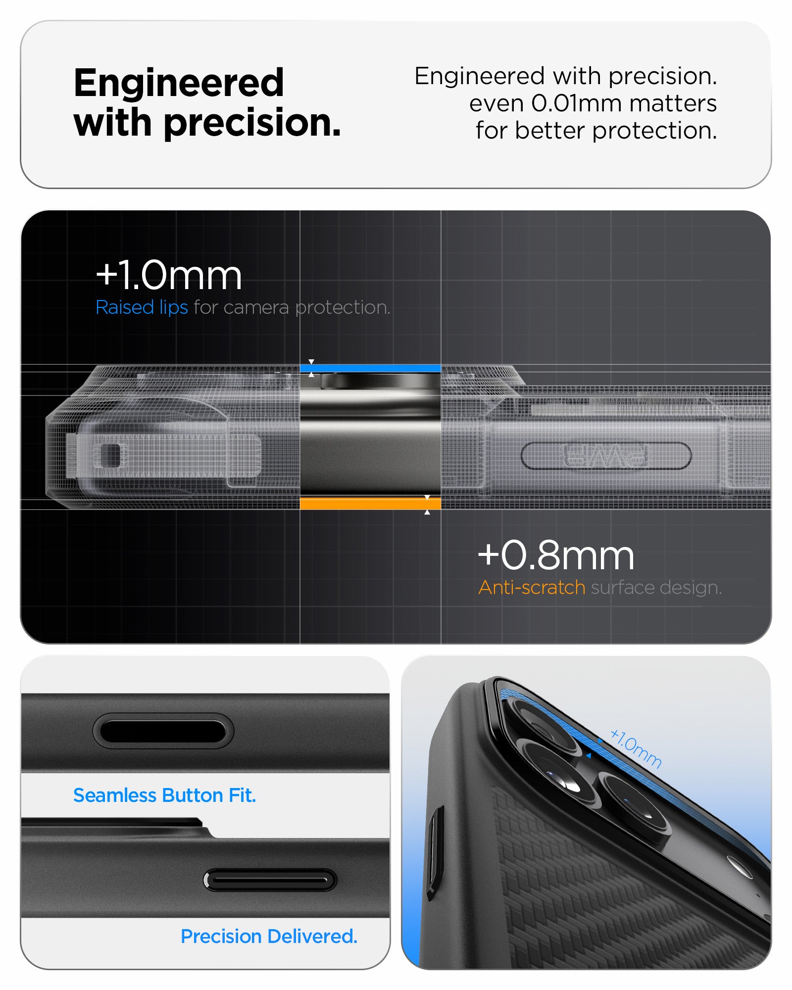 ACS09906 - iPhone 17 Pro Max Case Enzo Aramid T in black showing the engineered with precision. Engineered with precision even 0.01mm matters for better protection