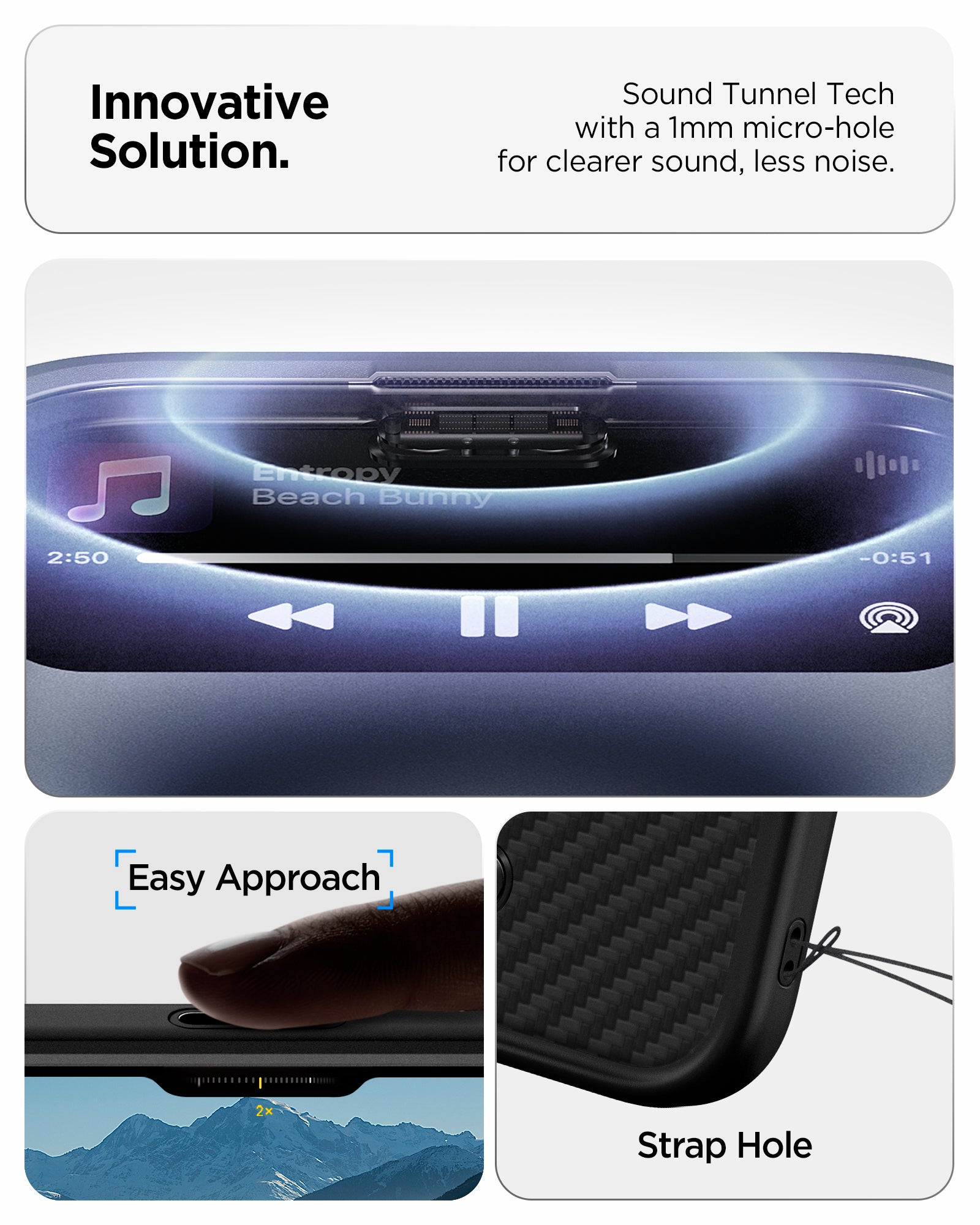 ACS09906 - iPhone 17 Pro Max Case Enzo Aramid T in black showing the innovative solution. Sound tunnel tech with a 1mm micro-hole for clearer sound, less noise