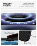 ACS09905 - iPhone 17 Pro Max Case Enzo Aramid T in black showing the innovative solution. Sound tunnel tech with a 1mm micro-hole for clearer sound, less noise