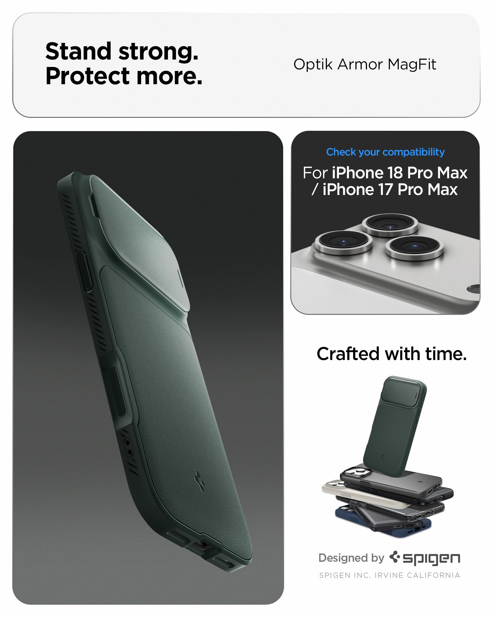 ACS09901 - iPhone 17 Pro Max Series Case Optik Armor (MagFit) in abyss green showing the stand strong and protect more with the case. Only compatible with iPhone 17 pro max
