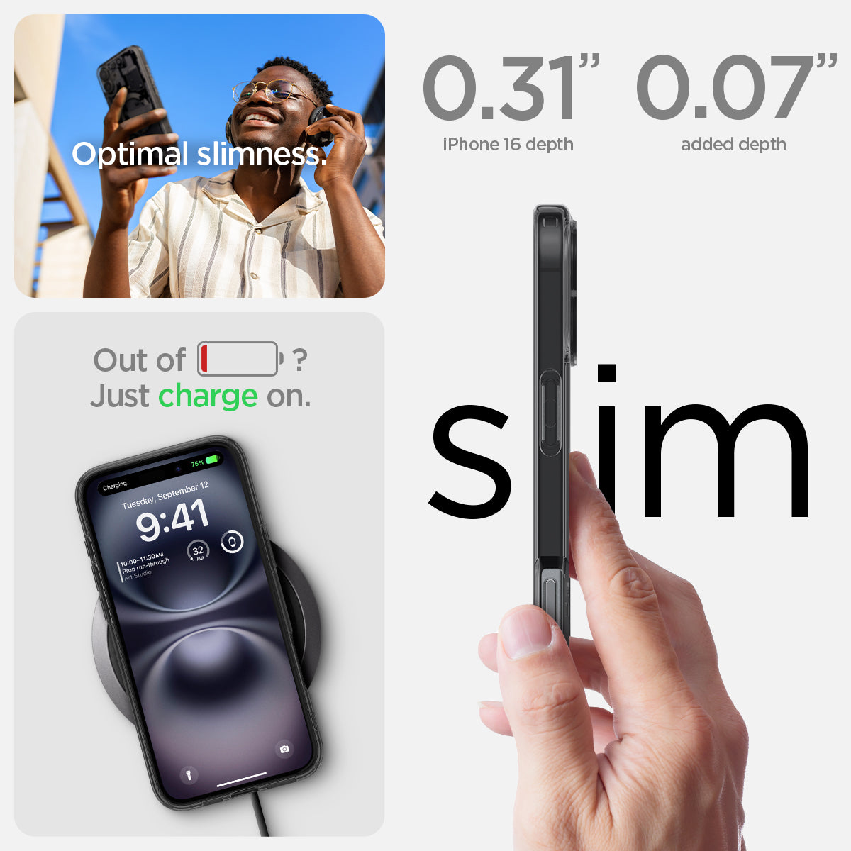 ACS08208 - iPhone 16 Case Ultra Hybrid Zero One (MagFit) in Zero One optimal slimness. Out of battery? Just charge on. 0.31" and 0.07" slim.