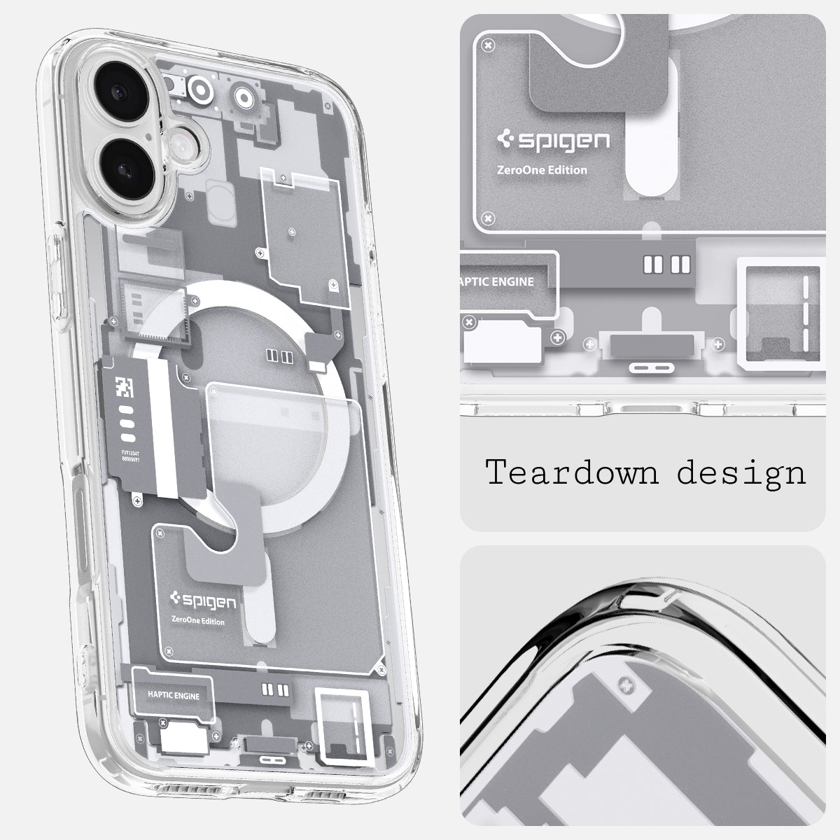 ACS08209 - iPhone 16 Case Ultra Hybrid Zero One (MagFit) in Zero One White  teardown design.