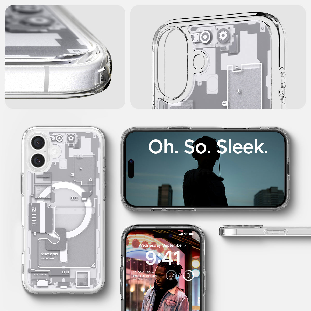 ACS08209 - iPhone 16 Case Ultra Hybrid Zero One (MagFit) in Zero One White showing detail. oh. so sleek.