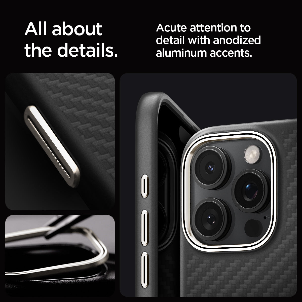 ACS08508 - iPhone 16 Pro Case Enzo Aramid in Black Natural  all about the details. Acute attention to detail with anodized aluminum accents.