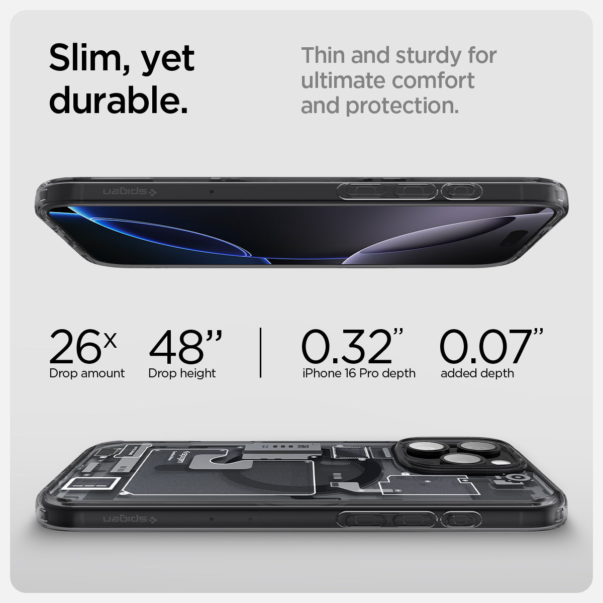 ACS08135 - iPhone 16 Pro Case Ultra Hybrid Zero One (MagFit) in Zero One slim yet durable. thin and sturdy for ultimate comfort and protection. drop amount, drop height, iPhone pro max depth. added depth.