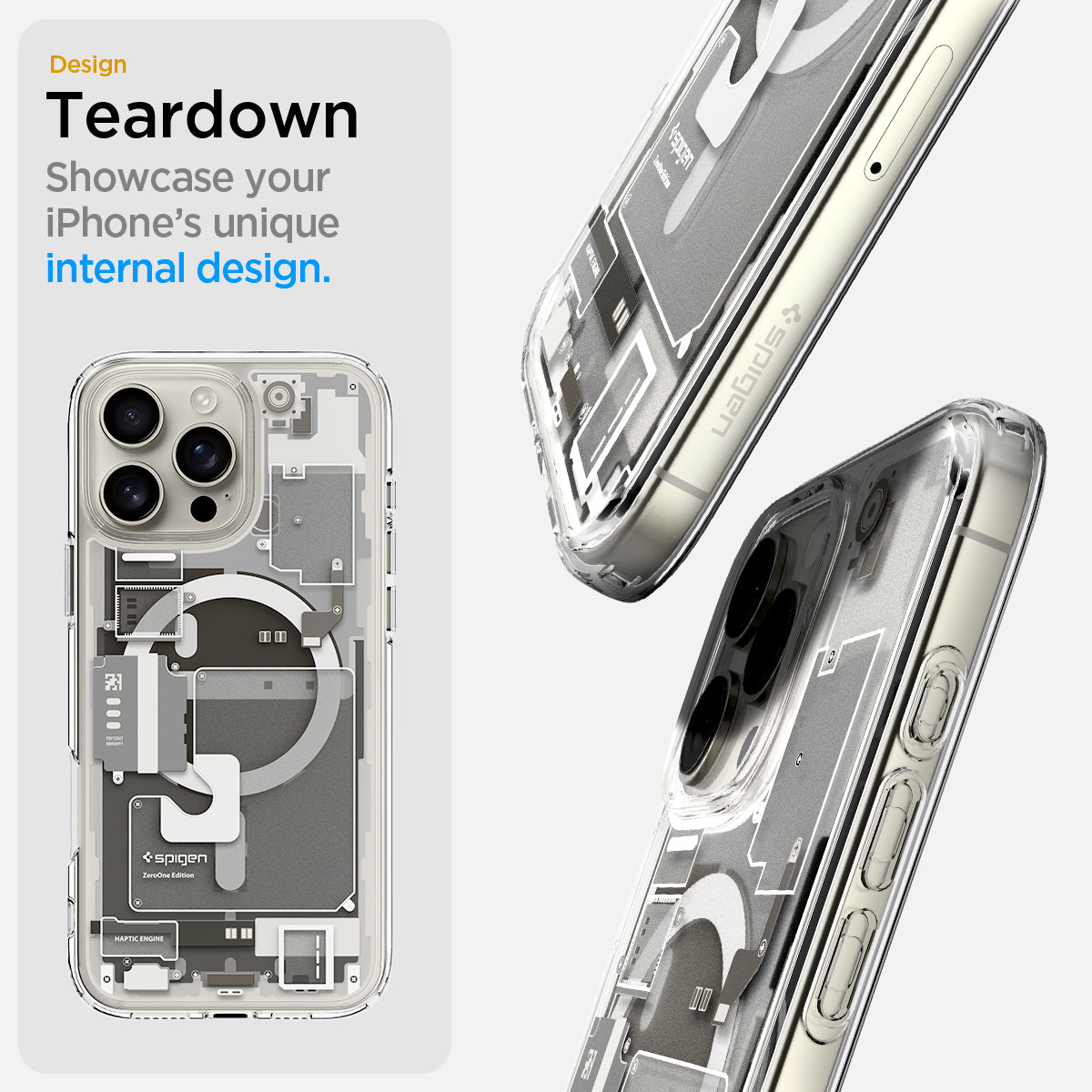 ACS08137 - iPhone 16 Pro Case Ultra Hybrid Zero One (MagFit) in Zero One Natural Titanium teardown design. showcase your iPhone's unique internal design.