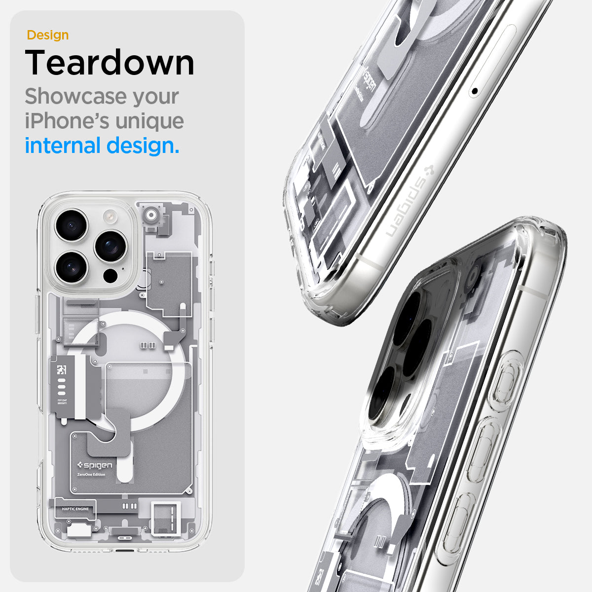 ACS08136 - iPhone 16 Pro Case Ultra Hybrid Zero One (MagFit) in Zero One White teardown design. showcase your iPhone's unique internal design.
