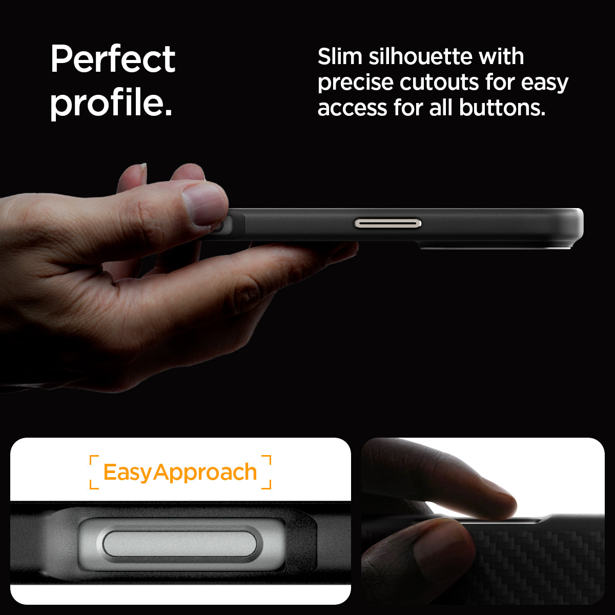 ACS08501 - iPhone 16 Pro Max Case Enzo Aramid in Black Natural perfect profile. Slim silhouette with precise cutouts for easy access for all buttons.