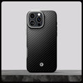ACS08017 - iPhone 16 Pro Max Case Enzo Aramid in Black Silver showing whole case on the rock.