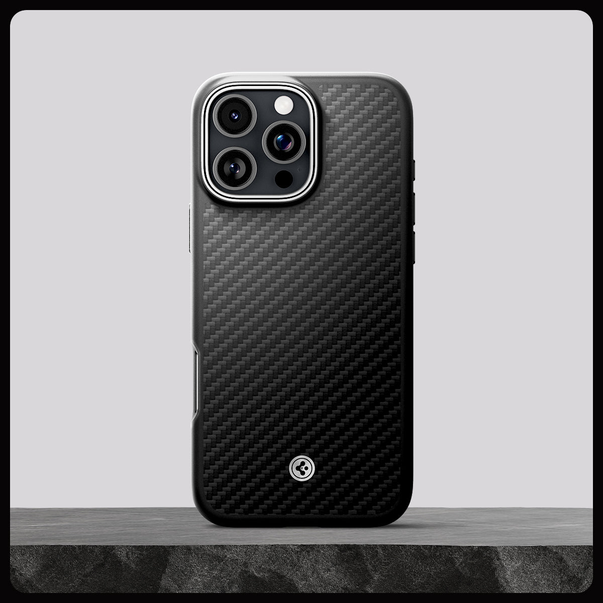 ACS08017 - iPhone 16 Pro Max Case Enzo Aramid in Black Silver showing whole case on the rock.