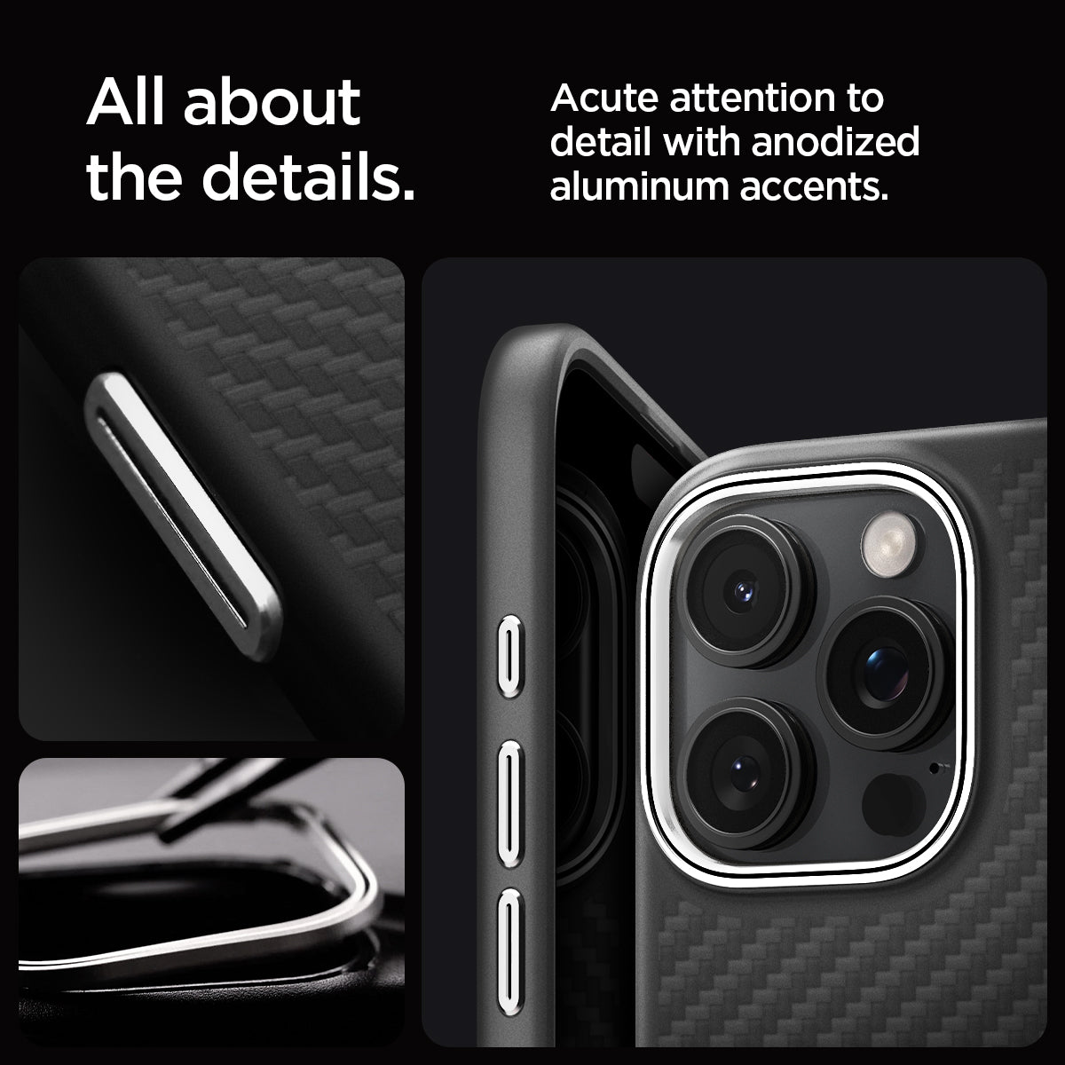 ACS08017 - iPhone 16 Pro Max Case Enzo Aramid in Black Silver all about the details. Acute attention to detail with anodized aluminum accents.