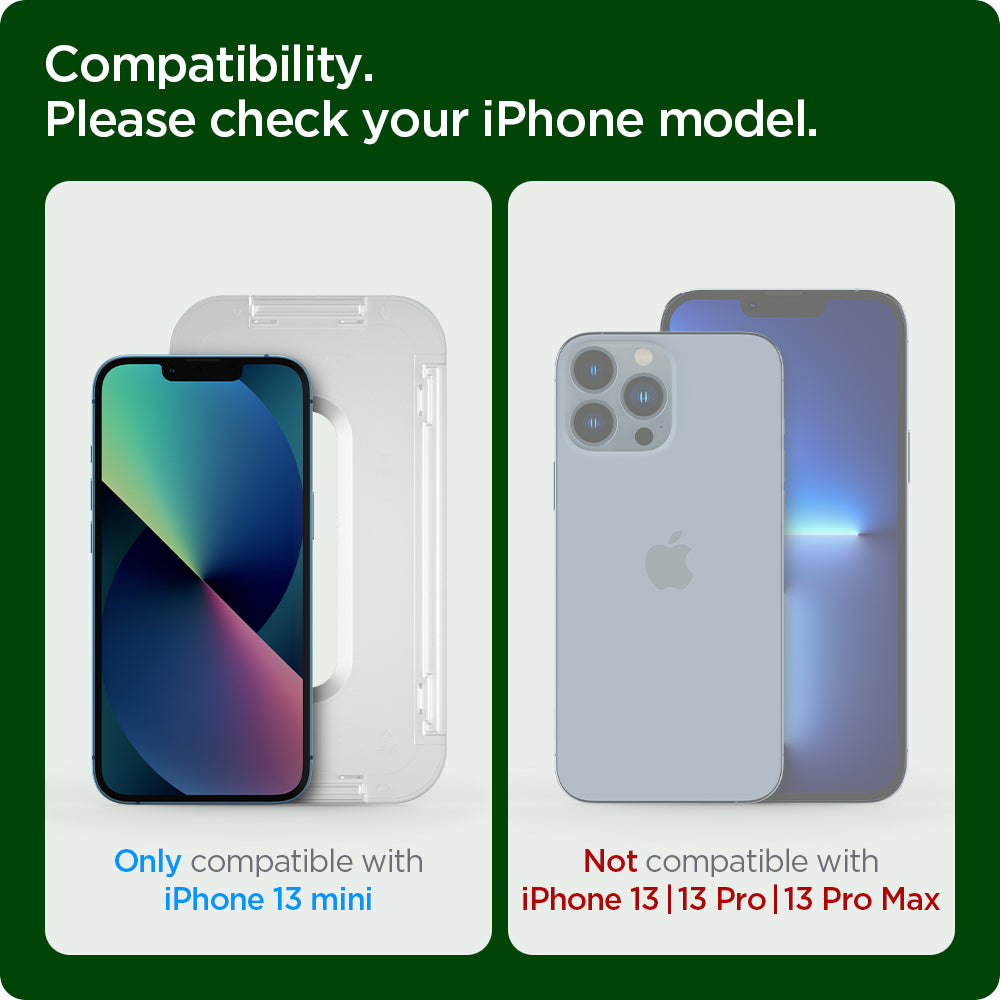 AGL04420 - iPhone 13 Mini EZ Fit GLAS.tR Refill in Clear showing the compatibility only with iPhone 13 mini. Not compatible with iPhone 13 | 13 Pro | 13 Pro Max
