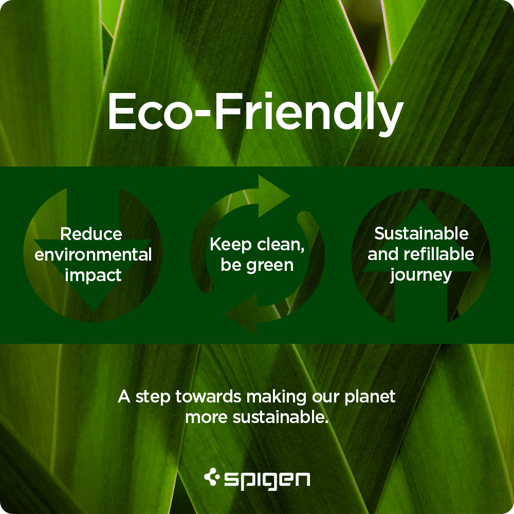 AGL04420 - iPhone 13 Mini EZ Fit GLAS.tR Refill in Clear showing the eco friendly. Reduce environmental impact, Keep clean, be green and Sustainable and refillable journey. A step towards making our planet more sustainable 
