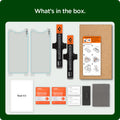 AGL04420 - iPhone 13 Mini EZ Fit GLAS.tR Refill in Clear showing what's in the box. 2 screen protectors, installation manual, tool kit, cleaning wipes, dust sticker and microfiber cloth