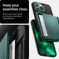 ACS04561 - iPhone 13 Pro Case Slim Armor CS in midnight green showing keep your essentials close. Store up to two cards at once for maximum convenience.
