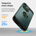 ACS04565 - iPhone 13 Pro Case Tough Armor in midnight green showing tested for every drops. Air Cushion Technology absorbs and mitigates all impacts in each corner. Dropped from 48