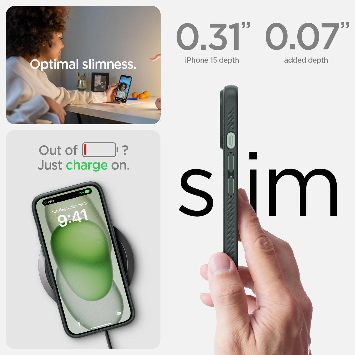ACS06792 - iPhone 15 Case Liquid Air in abyss green  the 0.31" iPhone 16 Plus depth. 0.06" added depth optimal slimness. out of battery? just charge on.
