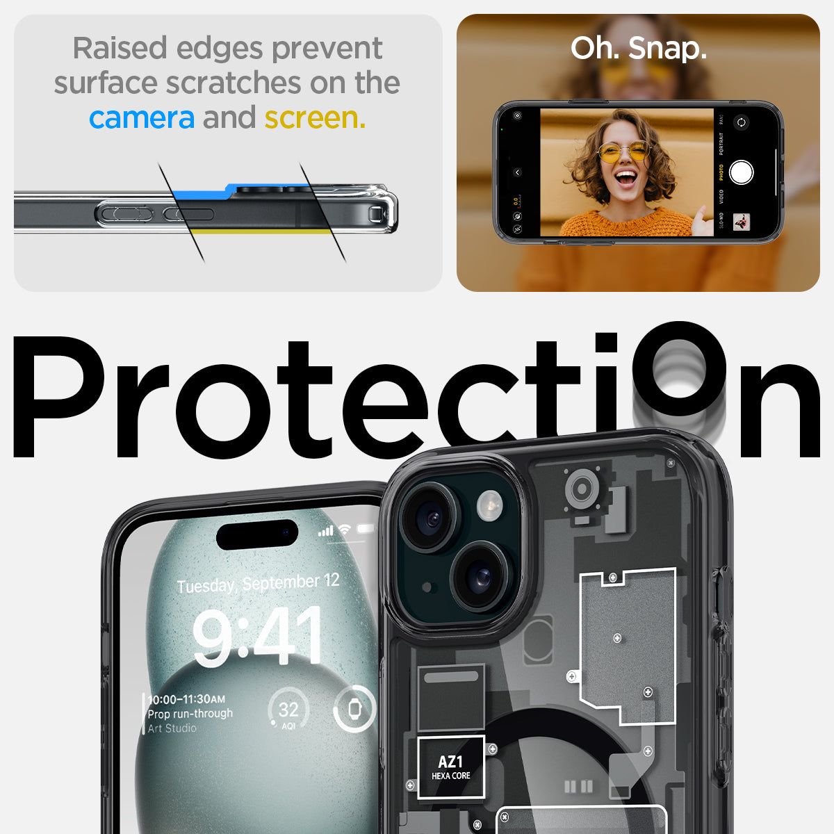 ACS06664 - iPhone 15 Plus Case Ultra Hybrid Zero One raised edges prevent surface scratches on the camera and screen. oh. snap. protection.