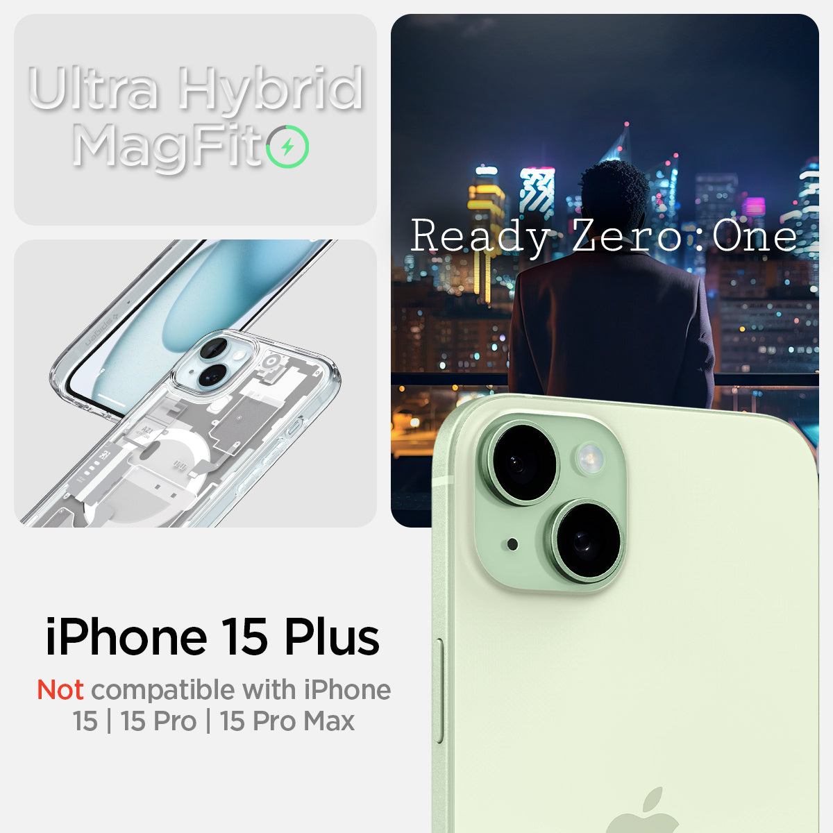 ACS07035 - iPhone 15 Plus Case Ultra Hybrid Zero One in white ultra hybrid magfit. iPhone 15 plus not compatible with iPhone 15, 15 pro, 15 pro max. ready zero one.