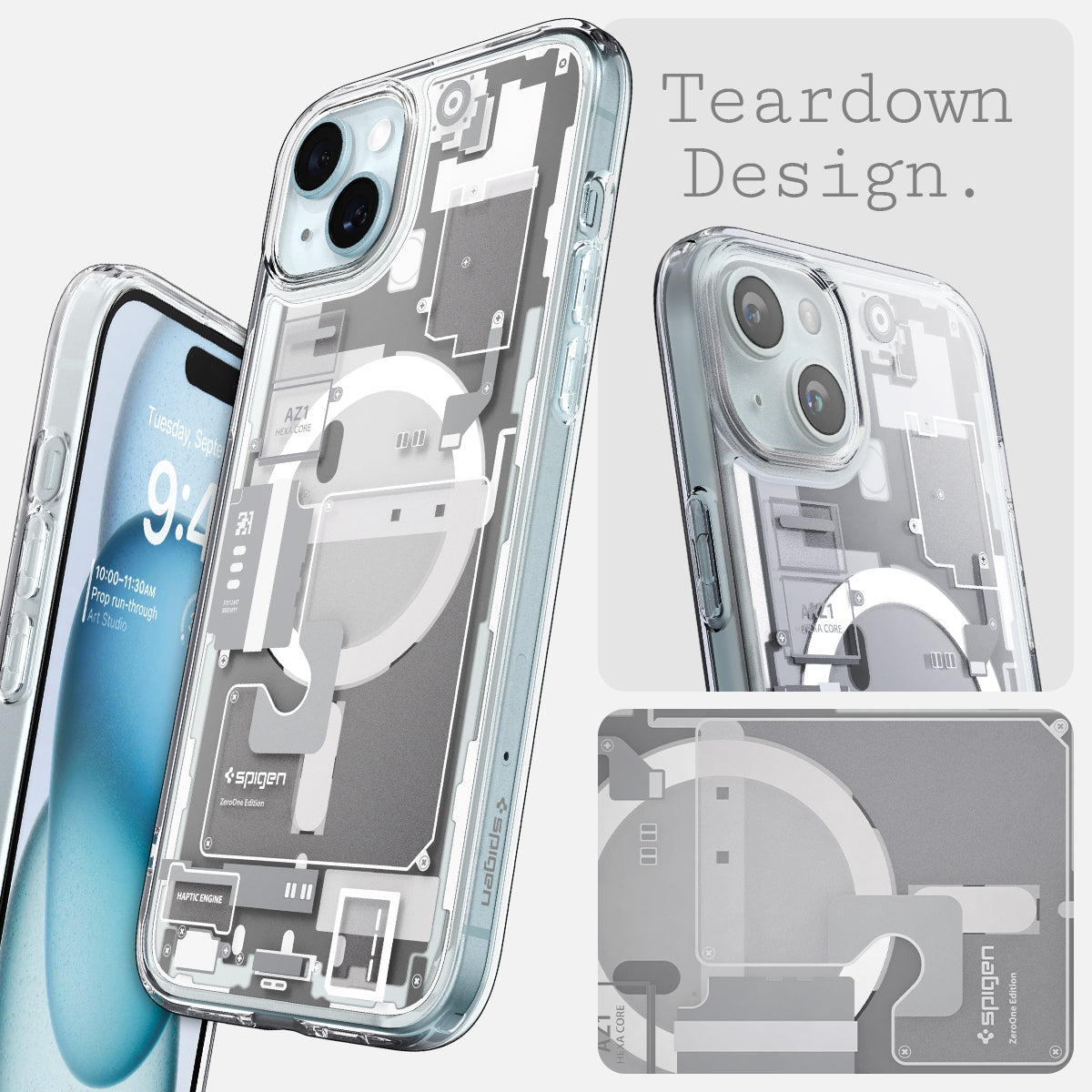 ACS07035 - iPhone 15 Plus Case Ultra Hybrid Zero One in white teardown design.