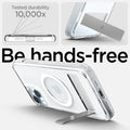 ACS06665 - iPhone 15 Plus Case Ultra Hybrid S (MagFit) in crystal clear showing the tested durability, 10,000x with built-in kickstand for hands-free viewing
