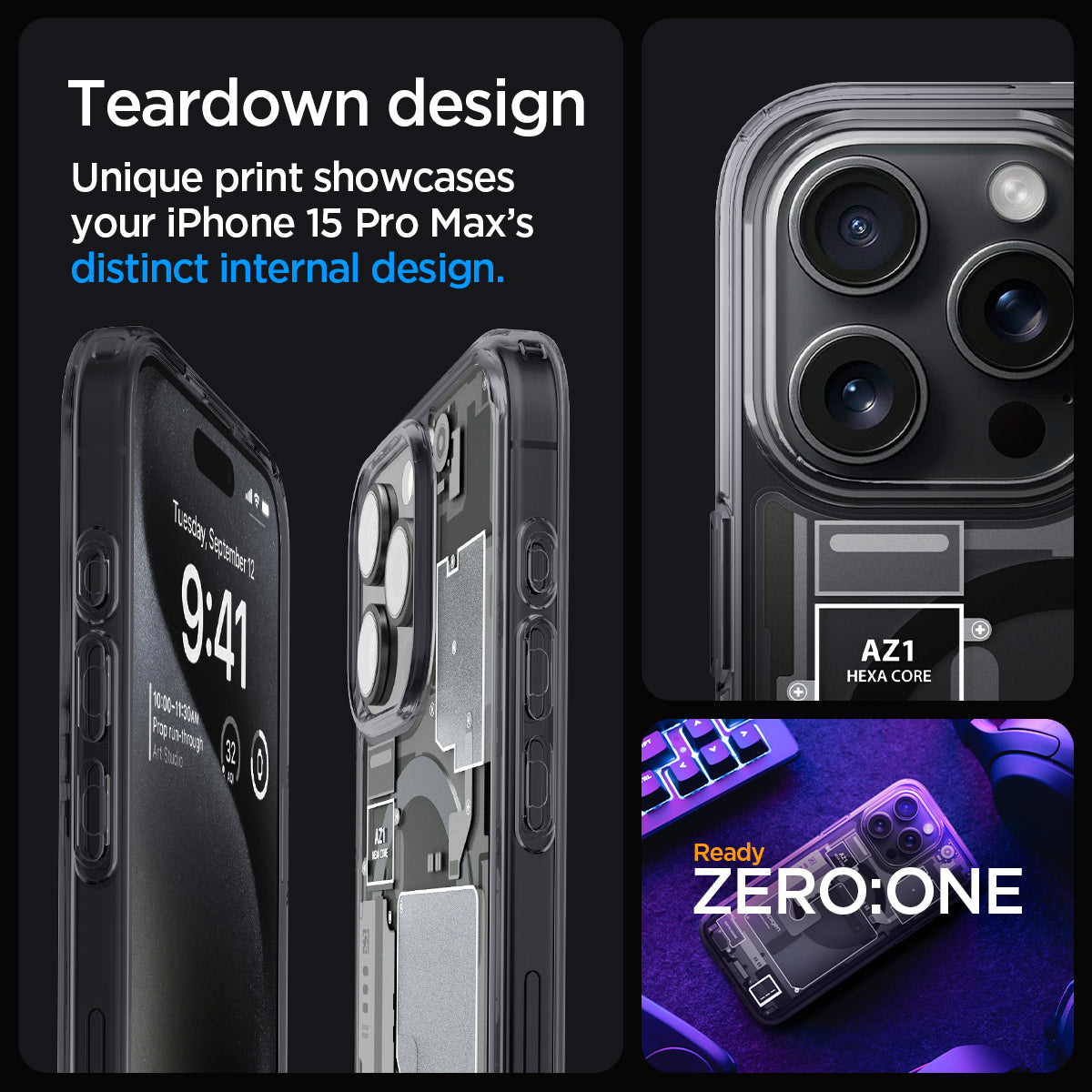 ACS06582 - iPhone 15 Pro Max Case Ultra Hybrid Zero One teardown design. unique print showcases your iPhone 15 pro max's distinct internal design.