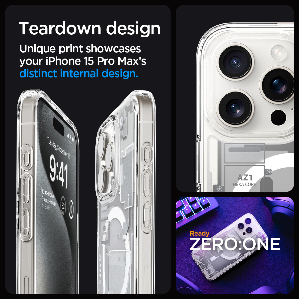 ACS07034 - iPhone 15 Pro Max Case Ultra Hybrid Zero One in white teardown design. unique print showcases your iPhone 15 pro max's distinct internal design.