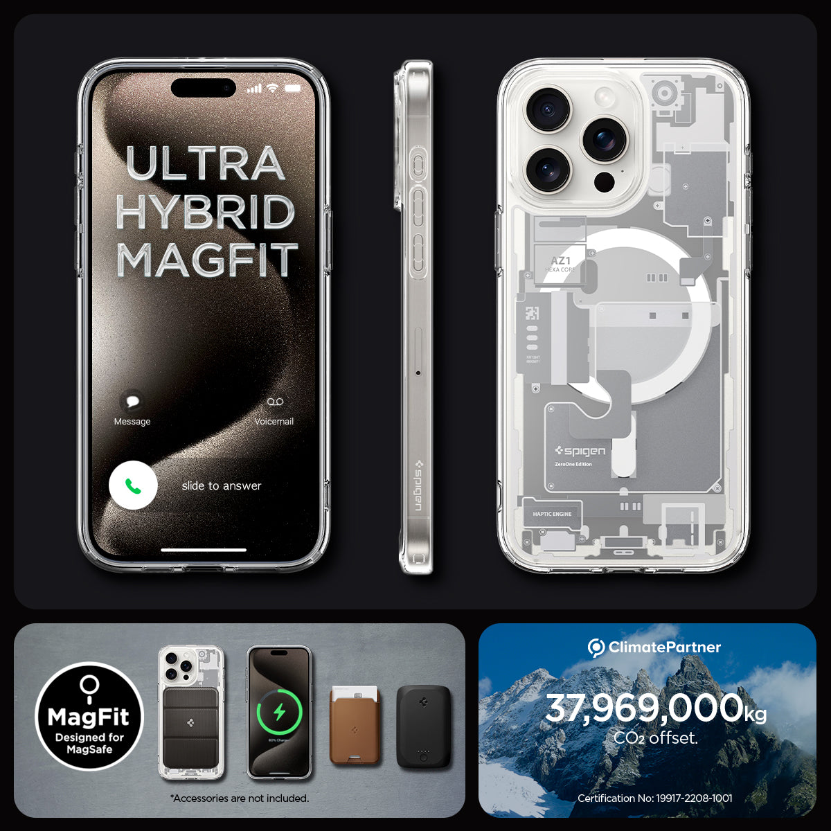 ACS07034 - iPhone 15 Pro Max Case Ultra Hybrid Zero One in white ultra hybrid magfit. magfit designed for magsafe. 37,969,000kg CO2 offset.
