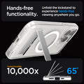 ACS06583 - iPhone 15 Pro Max Case Ultra Hybrid S (MagFit) in crystal clear showing the hands-free functionality. Unfold the kickstand to experience hands-free viewing anywhere you go. Tested durability 10,000x | 65 degrees 
