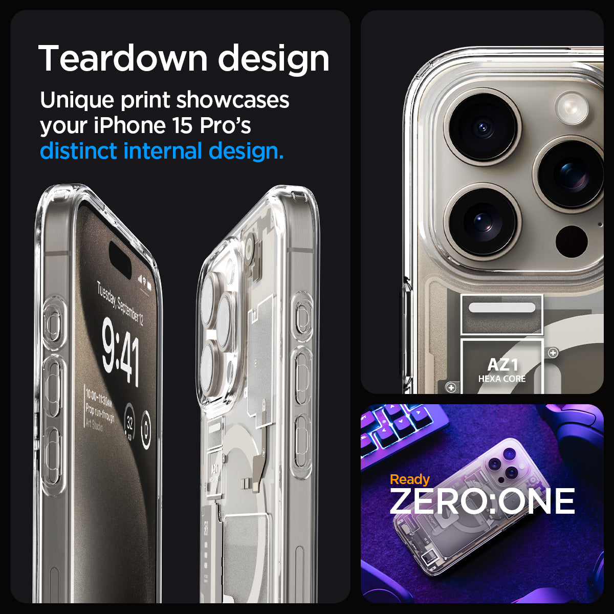 ACS07216 - iPhone 15 Pro Case Ultra Hybrid Zero One (MagFit) in Zero One Natural Titanium teardown design. unique print showcases your iPhone 15 pro's distinct internal design.