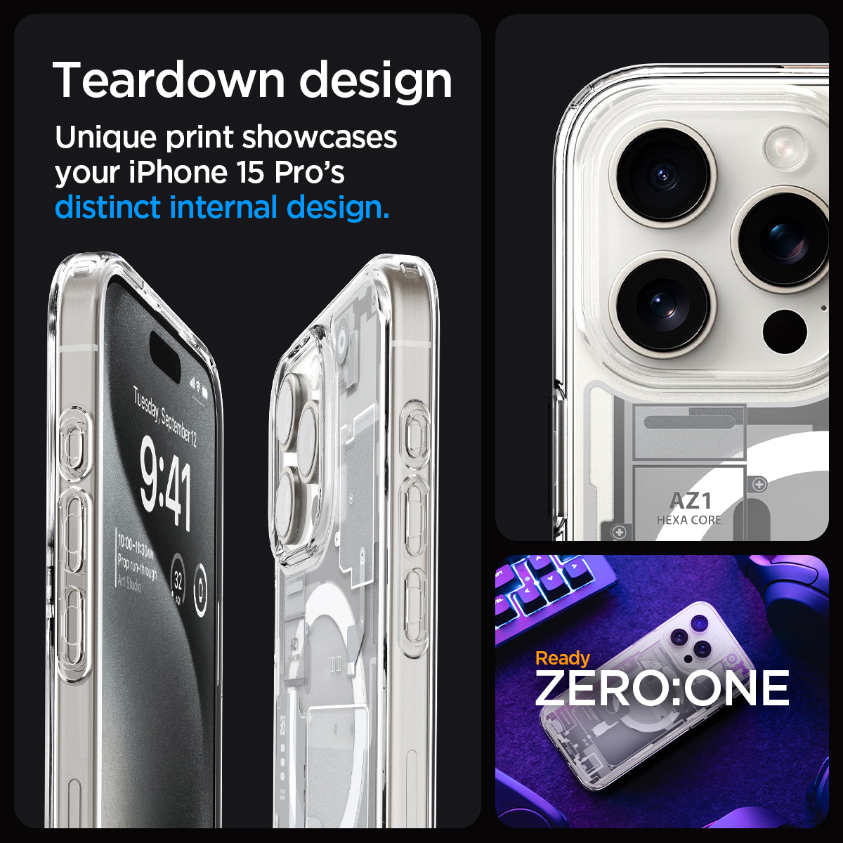 ACS07036 - iPhone 15 Pro Case Ultra Hybrid Zero One in white teardown design. unique print showcases your iPhone 15 pro max's distinct internal design.
