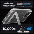 ACS06723 - iPhone 15 Pro Case Ultra Hybrid S (MagFit) in graphite showing the hands-free functionality. Unfold the kickstand to experience hands-free viewing anywhere you go. Tested durability 10,000x | 65 degrees 