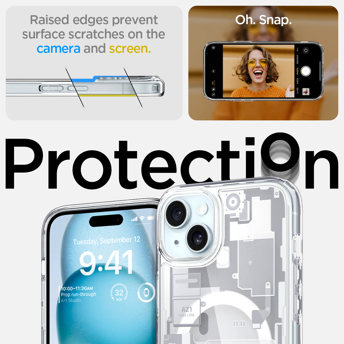 ACS07037 - iPhone 15 Case Ultra Hybrid Zero One in white raised edges prevent surface scratches on the camera and screen. oh. snap. protection.