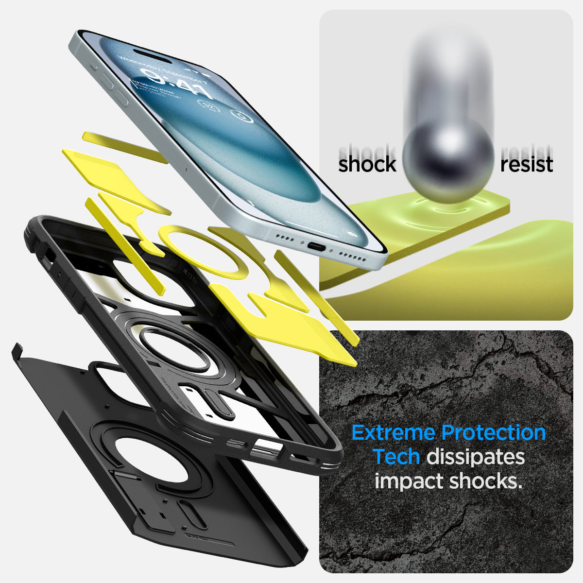 ACS06669 - iPhone 15 Plus Case Tough Armor (MagFit) in black shock resist. extreme protection tech dissipates impact shocks.